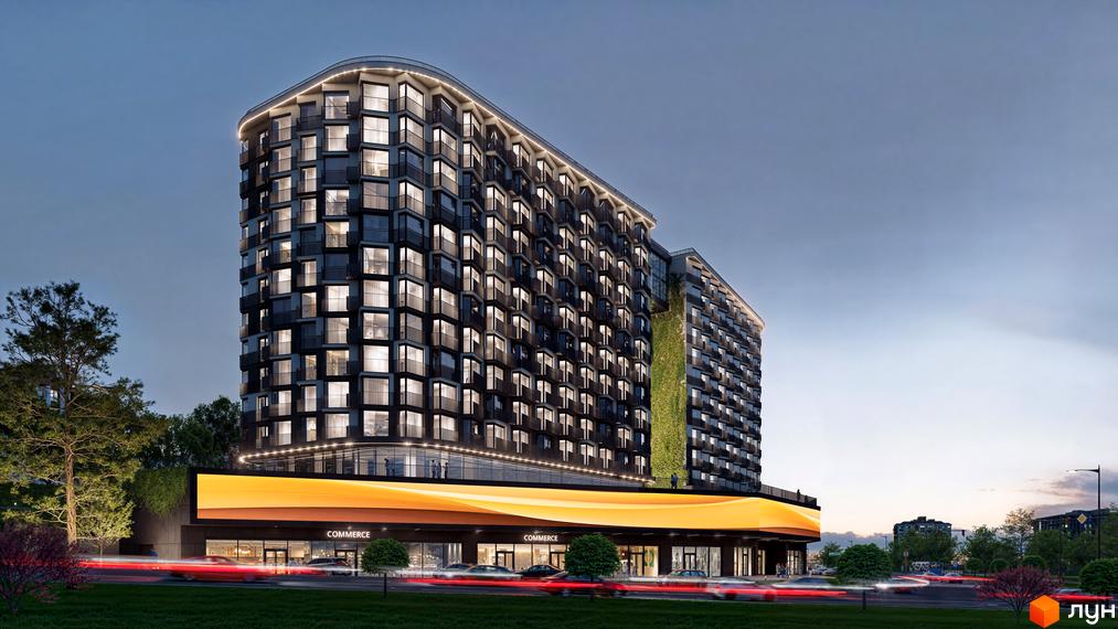 Сучасний житловий комплекс з фасадом з вікон та балконів, зеленою стіною та комерційними приміщеннями на першому поверсі. Навколо будинку дерева та освітлена дорога.