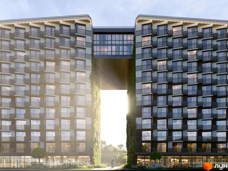 Екстер'єр житлового комплексу Space з аркою між двома корпусами, що з'єднані скляним переходом. Зелені насадження вздовж фасадів та прибудинкова територія з деревами.