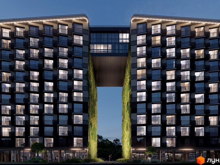 Житловий комплекс Space з двома вежами, з'єднаними мостом, та вертикальним озелененням. Фасад оздоблений великою кількістю вікон та балконів, а біля будинку розташовані дерева та кущі.