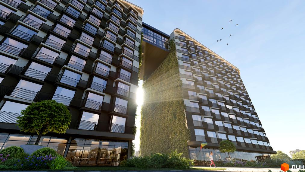 Житловий комплекс Space - це два висотних будинки з балконами та скляними фасадами, з'єднані переходами. Навколо комплексу зелені насадження та дитина з повітряним змієм.