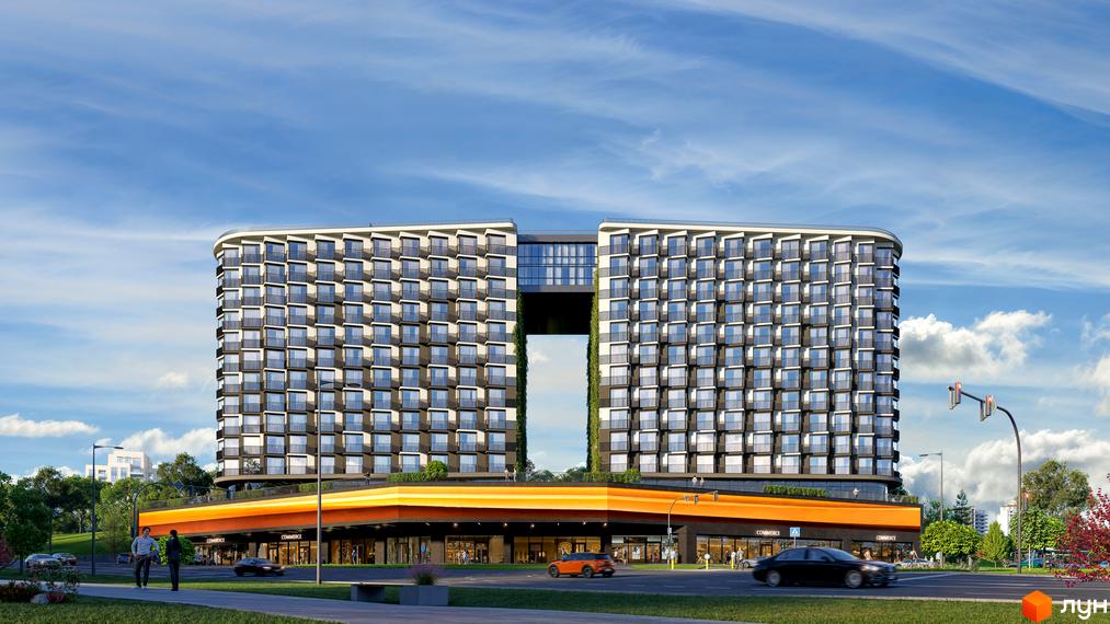 Житловий комплекс Space - це двосекційна будівля з аркою між секціями, що має багато балконів та комерційні приміщення на першому поверсі. Навколо комплексу розташовані зелені насадження та доглянута прибудинкова територія.