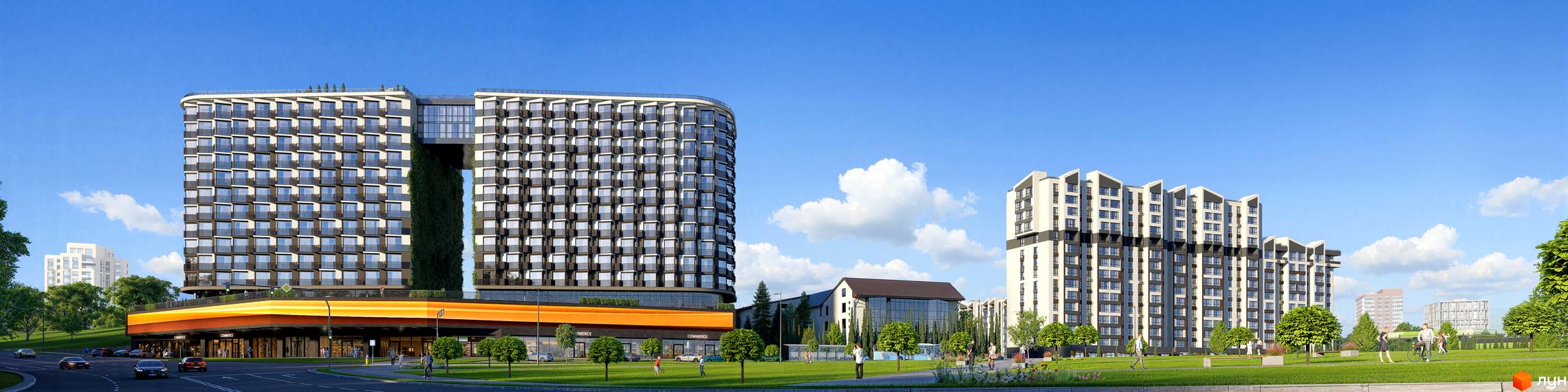 Сучасний житловий комплекс Space з багатоповерховими будинками та комерційними приміщеннями на першому поверсі. Територія навколо комплексу озеленена, з доріжками для прогулянок та зонами відпочинку.