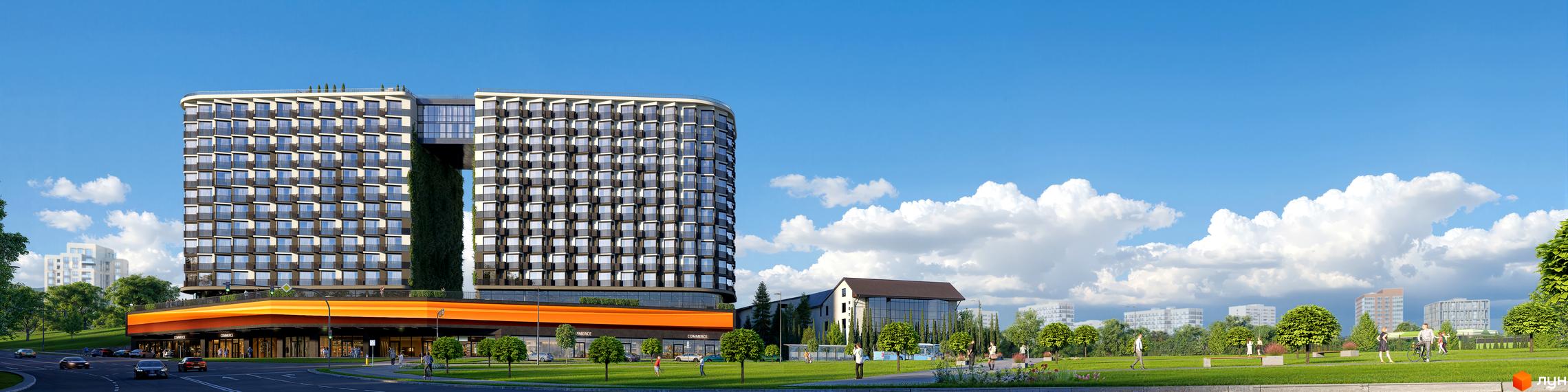 Сучасний житловий комплекс з вигнутим фасадом та панорамними вікнами, зеленою стіною та прибудинковою територією з парковою зоною.