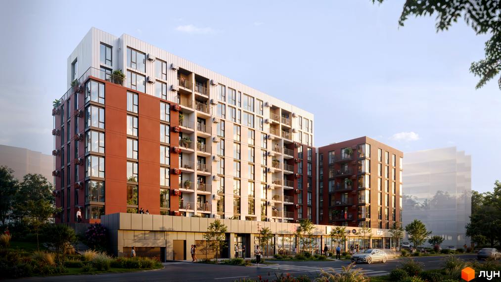 Новобудова ЖК SVOÏ INSPIRO з червоно-білим фасадом, балконами та прибудинковою територією з деревами та дорогою.