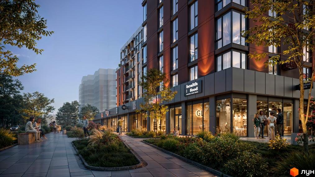 Житловий комплекс SVOÏ INSPIRO з фасадами темного кольору та великими вікнами, поруч доглянута прибудинкова територія з деревами та місцями для відпочинку.