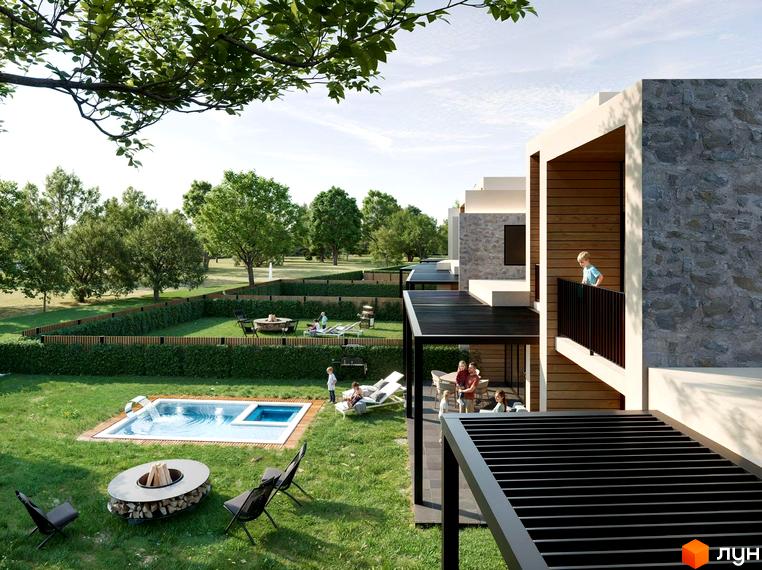 Котеджне містечко КМ Беверлі Хіллз DELUXE з кам'яним фасадом та дерев'яними елементами, з басейном, зоною барбекю та відпочинку на зеленій території.