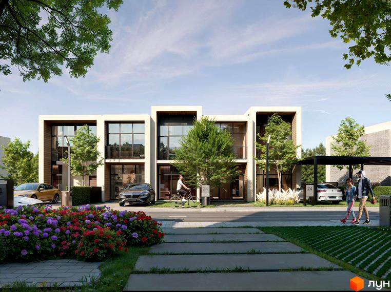 Котеджне містечко КМ Беверлі Хіллз DELUXE. Сучасні будинки з великими вікнами та доглянутою прибудинковою територією з квітами та деревами.