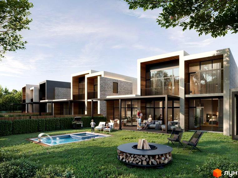 Котеджне містечко КМ Беверлі Хіллз DELUXE з басейном, зоною відпочинку та сучасними будинками. Зовнішній вигляд будинків та прибудинкова територія.