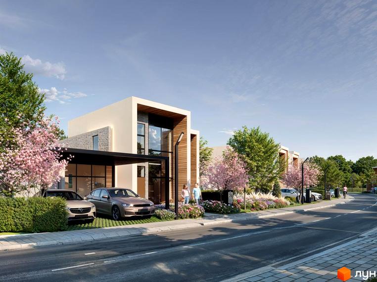 Котеджне містечко КМ Беверлі Хіллз DELUXE. Зовнішній вигляд будинків з навісами, великими вікнами та дерев'яними елементами. Прибудинкова територія з квітучими деревами, кущами та доглянутими газонами.