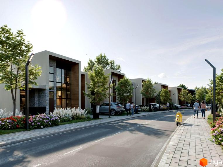 Котеджне містечко КМ Беверлі Хіллз DELUXE - фасади будинків з великими вікнами та дерев'яними елементами, доглянута прибудинкова територія з квітами та деревами.