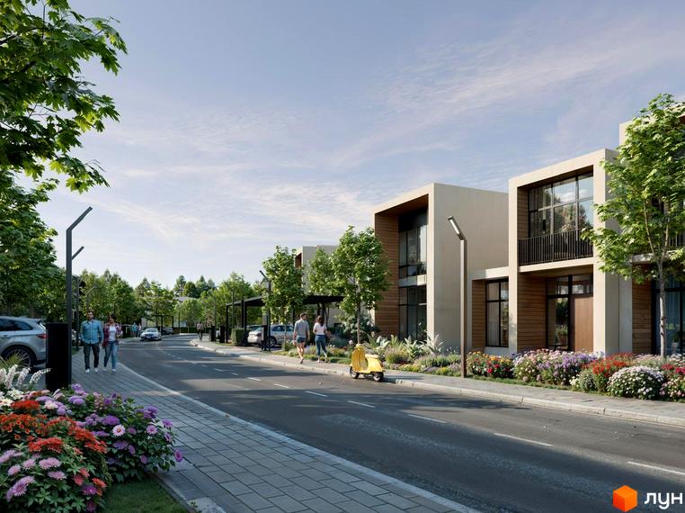 Котеджне містечко КМ Беверлі Хіллз DELUXE: двоповерхові будинки з великими вікнами та балконами, доглянута прибудинкова територія з квітами та деревами.