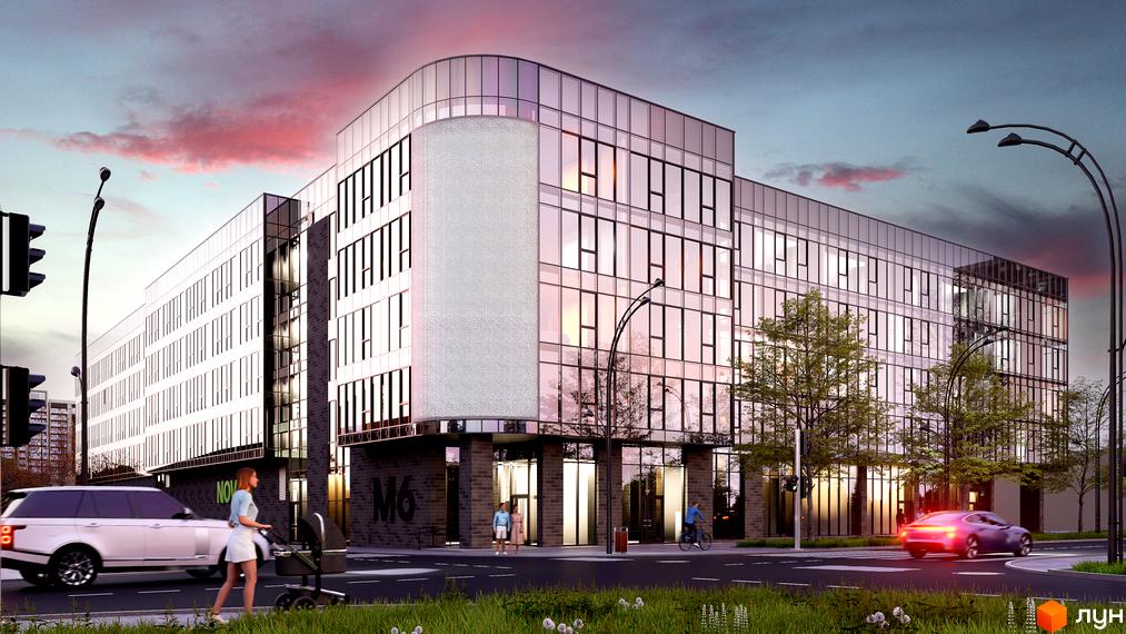 M6 Urban Residence - це новобудова з панорамним склінням та цегляним фасадом, розташована біля дороги з автомобілями та пішоходами.