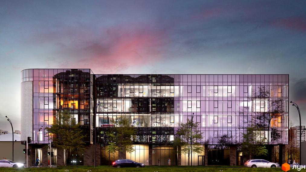 M6 Urban Residence - новобудова з панорамним склінням та офісами, що відображає міське середовище. Навколо будівлі зелені насадження та освітлені вулиці.