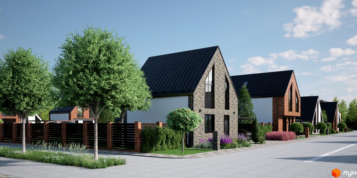 Котеджне містечко КМ ArtHomes з цегляними фасадами та чорними дахами. Навколо будинків зелені дерева, кущі та доглянута прибудинкова територія.