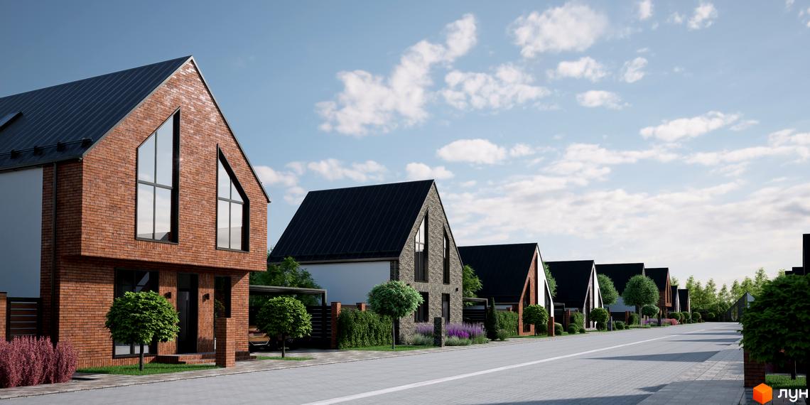 Котеджне містечко КМ ArtHomes: цегляні будинки з темними дахами та великими вікнами, доглянута прибудинкова територія з деревами та квітами.