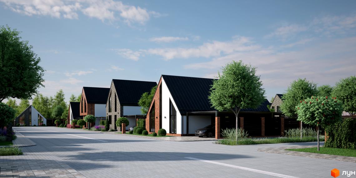 Котеджне містечко ArtHomes: фасади будинків з темними дахами та цегляними елементами, зелені дерева та доглянута прибудинкова територія.