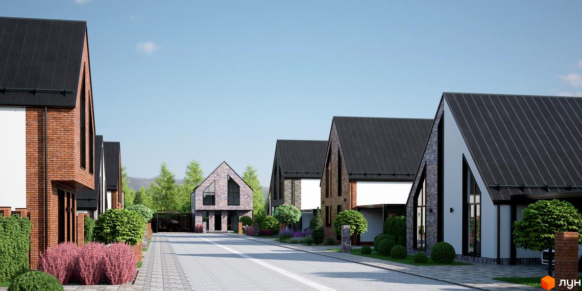 Котеджне містечко ArtHomes: цегляні будинки з чорними дахами та білими фасадами, доглянута прибудинкова територія з кущами та деревами.