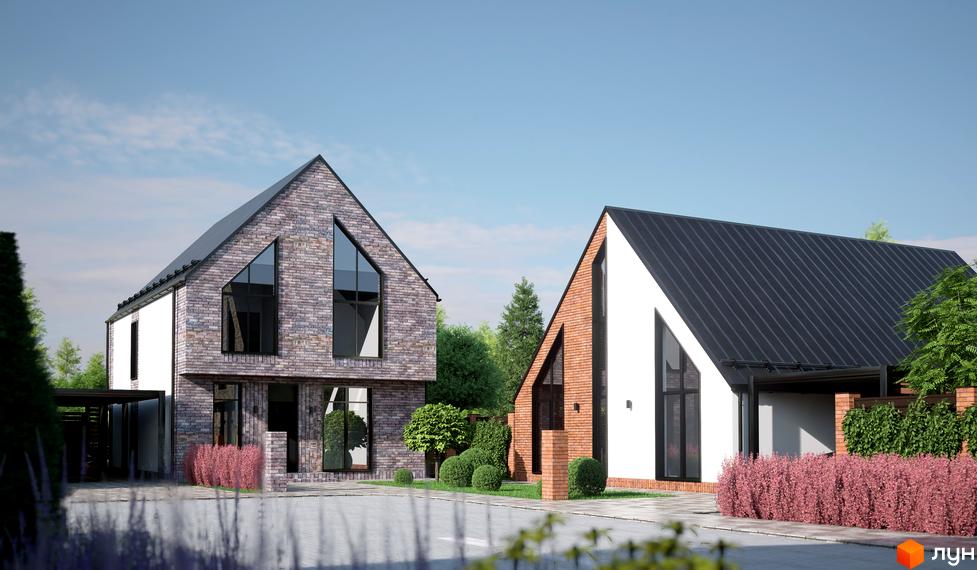 Котеджне містечко ArtHomes: двоповерхові будинки з цегляним та білим фасадом, чорним дахом та трикутними вікнами, оточені зеленню та кущами.