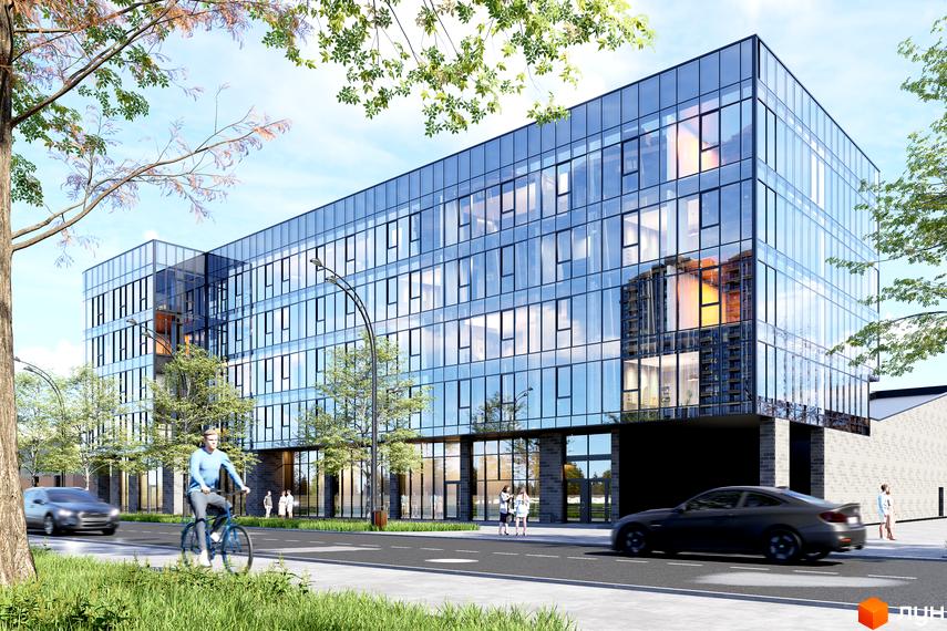 M6 Urban Residence – новобудова з панорамним склінням та сучасною архітектурою, поруч зелена зона та дорога з автомобілями.