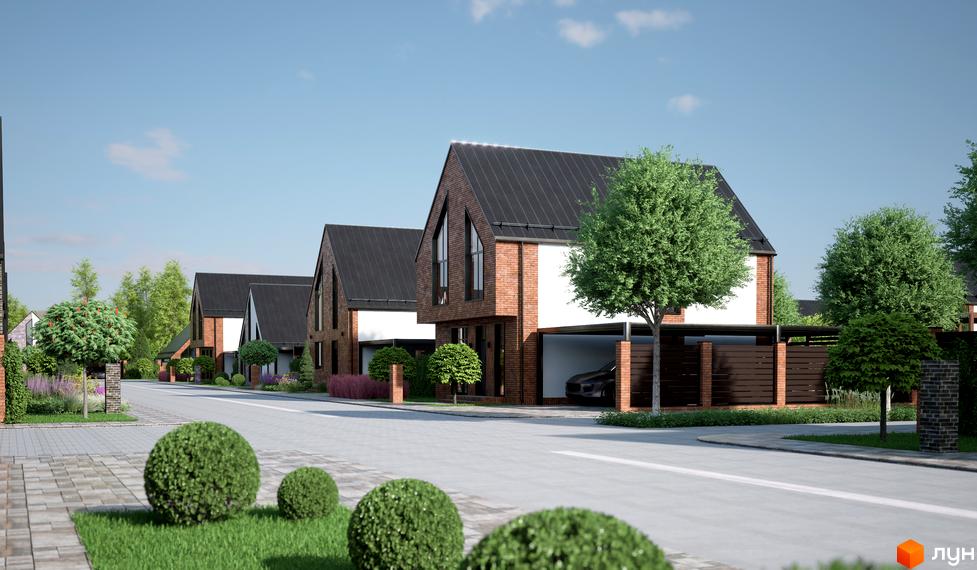 Котеджне містечко КМ ArtHomes: цегляні будинки з темним дахом та білими вставками, розташовані вздовж асфальтованої дороги з доглянутою прибудинковою територією та зеленими насадженнями.