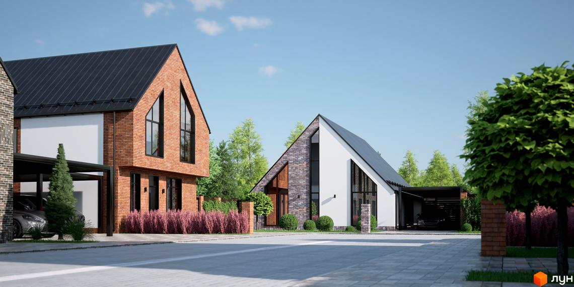 Котеджне містечко ArtHomes: двоповерхові будинки з цегляним фасадом, панорамними вікнами та навісами для авто. Територія з деревами та кущами.