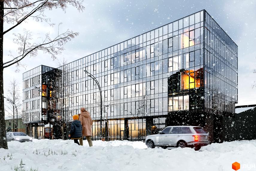 M6 Urban Residence - новобудова з панорамним склінням у зимовий день, поруч дорога та пішоходи.