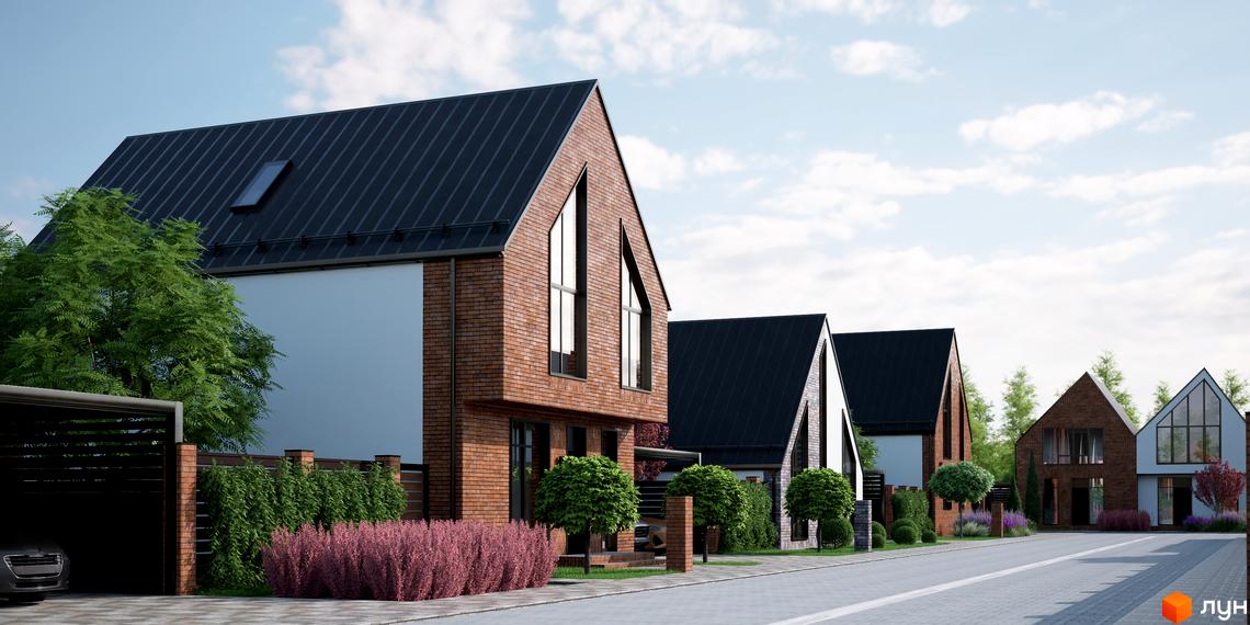 Котеджне містечко ArtHomes: цегляні будинки з темними дахами та великими вікнами, доглянута прибудинкова територія з деревами та кущами.