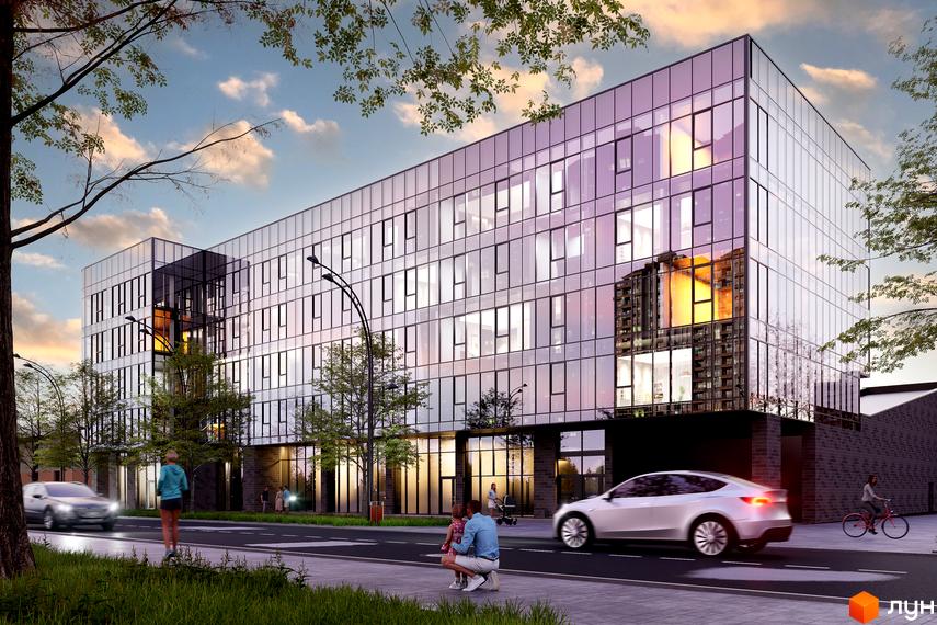 M6 Urban Residence – новобудова з панорамним склінням та прибудинковою територією з деревами та дорогою. На вулиці їдуть машини та йде жінка.