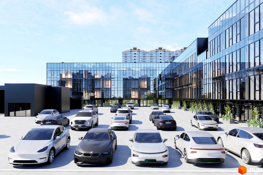 M6 Urban Residence - новобудова з панорамним склінням та паркінгом. Прибудинкова територія з зеленими насадженнями та автомобілями.