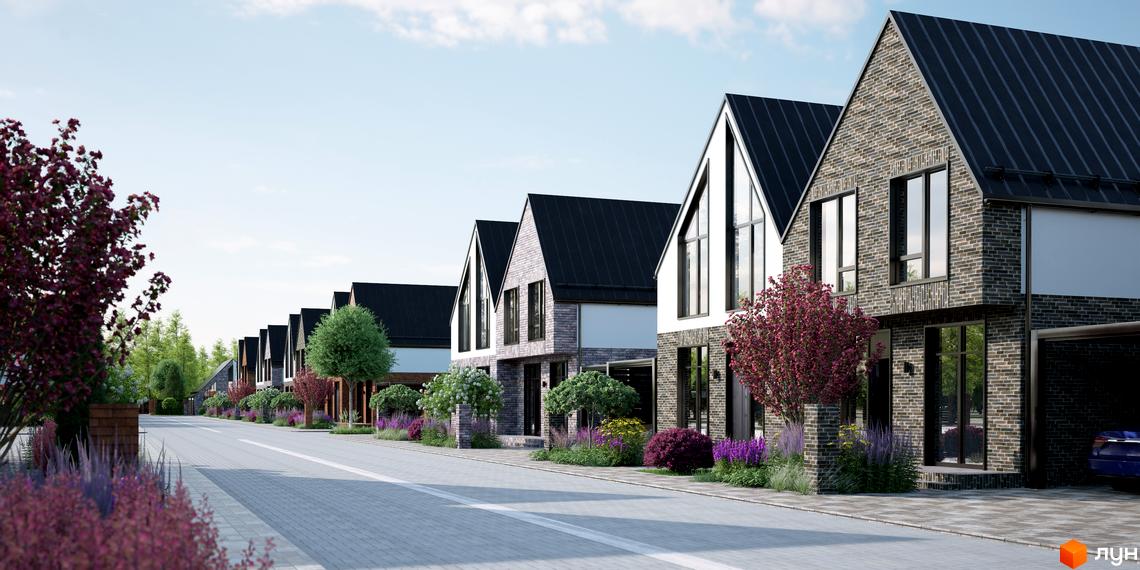 Котеджне містечко ArtHomes: фасади будинків з темної цегли та білої штукатурки, дахи з темного металу, зелені дерева та квіти вздовж дороги.