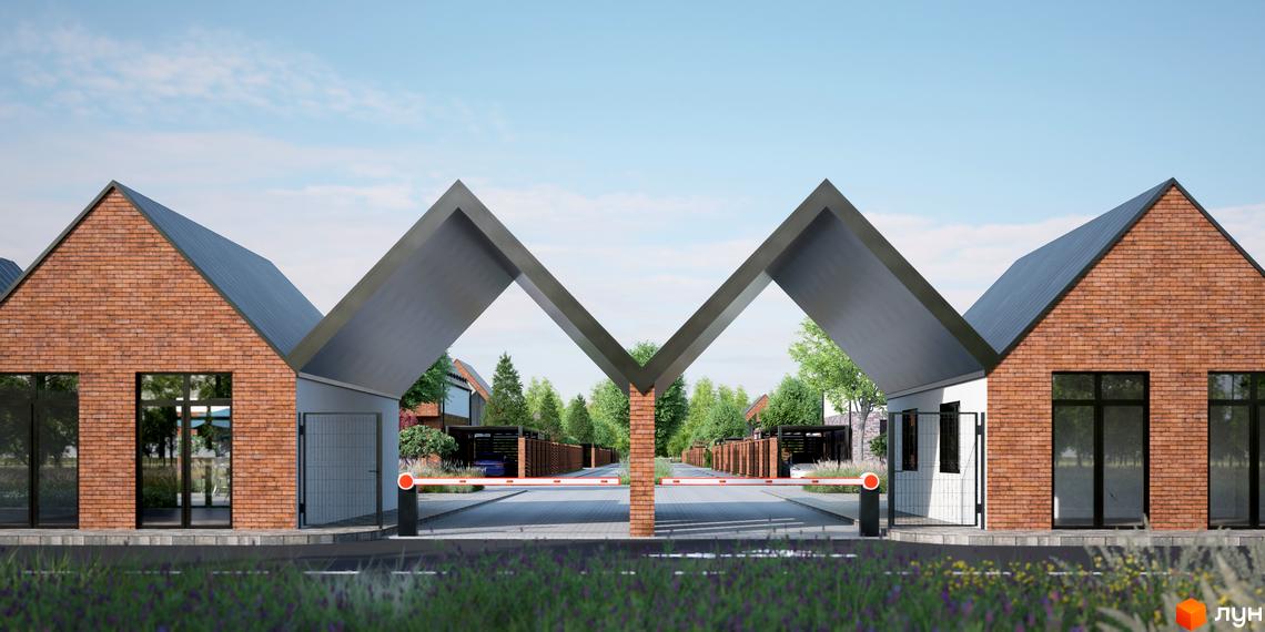 Котеджне містечко ArtHomes - в'їзд на територію з брамою та шлагбаумами, огородженими парканами та будинками з червоної цегли.