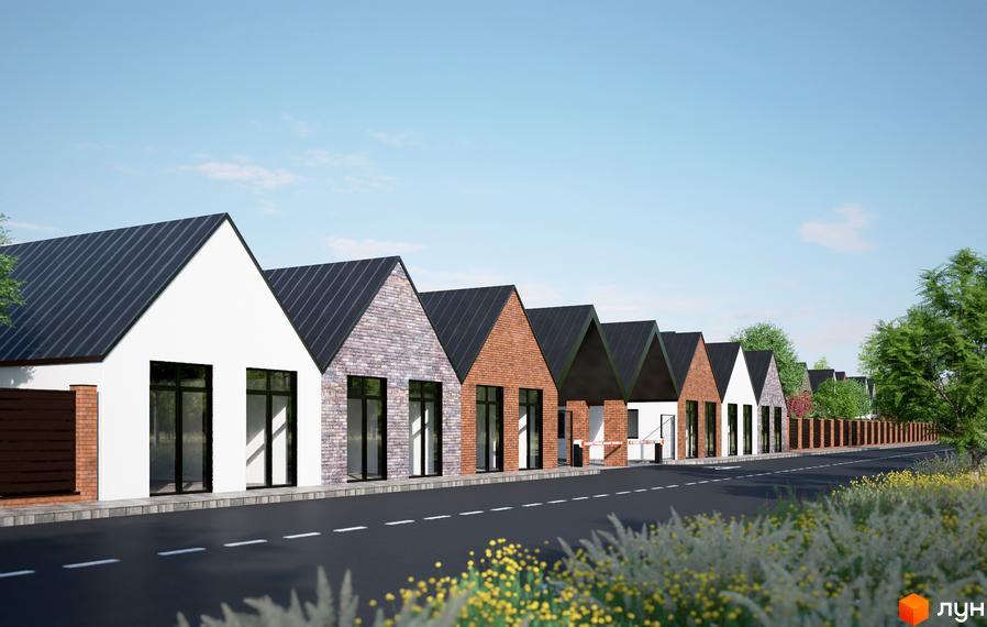 Котеджне містечко КМ ArtHomes: ряд одноповерхових будинків з двосхилими темними дахами та фасадами з цегли та білої штукатурки, розташованих вздовж дороги з зеленими насадженнями.