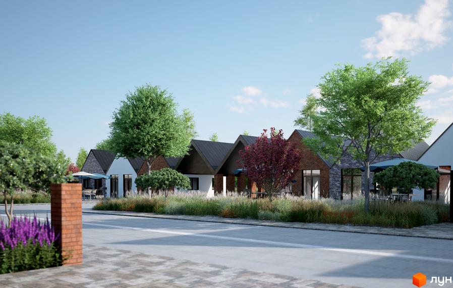 Котеджне містечко ArtHomes: фасади будинків з цегли та білої штукатурки, дахи темного кольору, зелені дерева та кущі, доглянута прибудинкова територія.