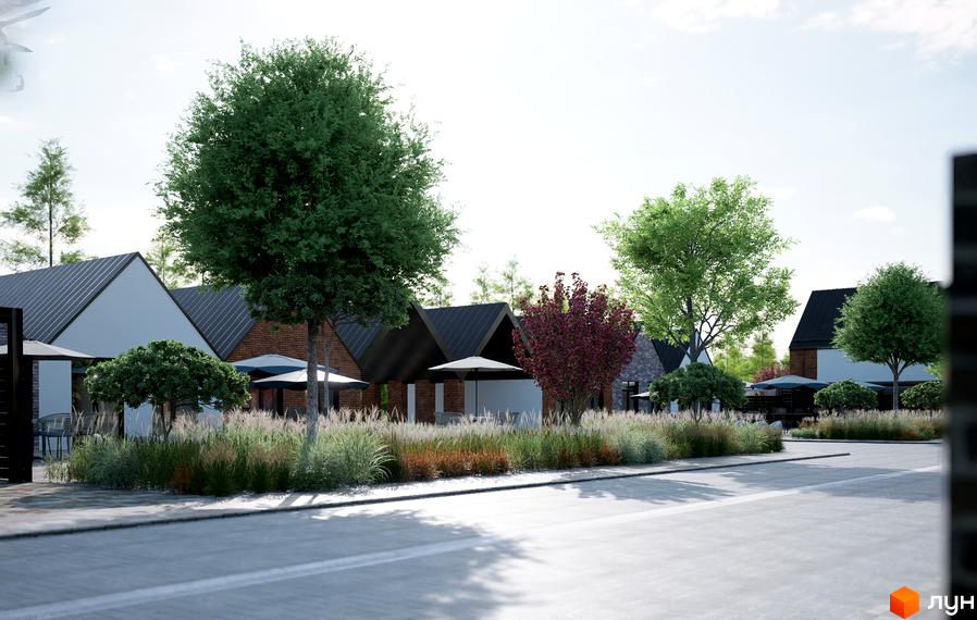 Котеджне містечко ArtHomes: фасади будинків з цегли та білої штукатурки, дахи темного кольору, зелені дерева та трави навколо.