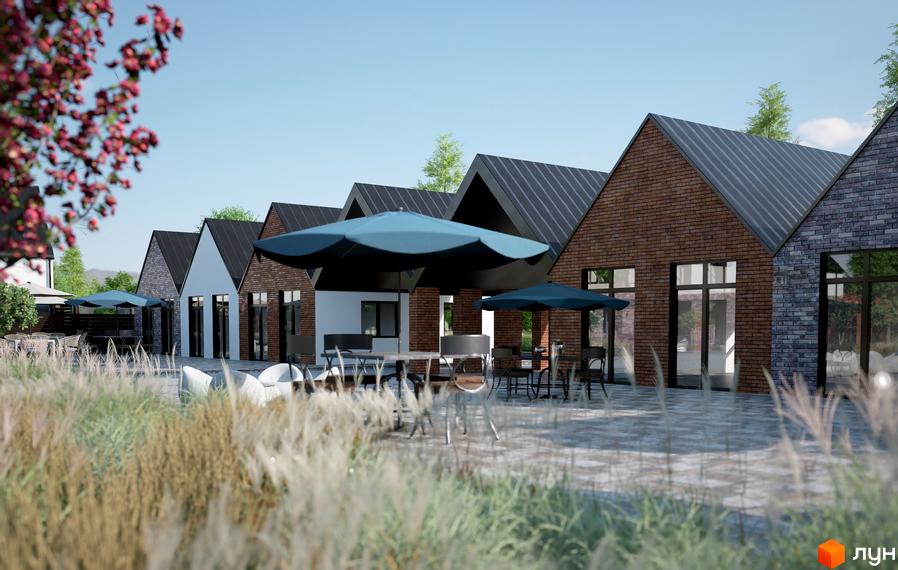 Котеджне містечко ArtHomes: цегляні будинки з темними дахами та терасами з парасольками. Прибудинкова територія з травою та меблями.
