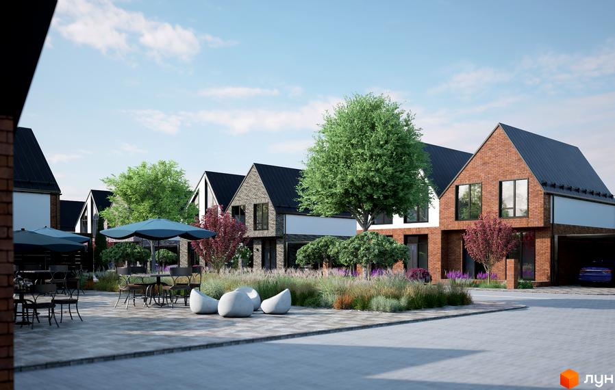 Котеджне містечко ArtHomes: двоповерхові будинки з цегляним фасадом та чорним дахом, зелені дерева та зона відпочинку з парасольками.