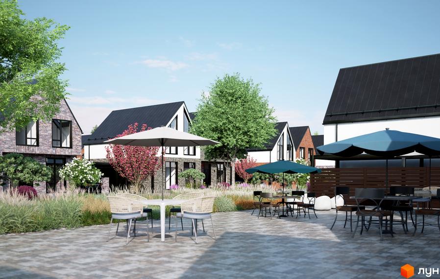 Котеджне містечко ArtHomes: фасади будинків з цегли та білої штукатурки, зелені дерева, квітучі кущі та зона відпочинку з парасольками та столами.