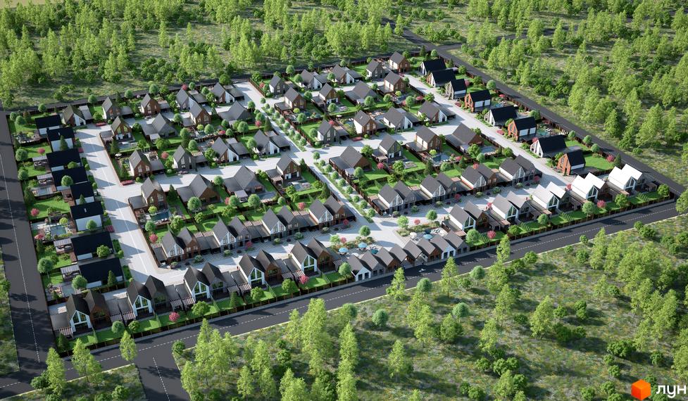 Котеджне містечко ArtHomes: вид згори на ряди будинків з темними дахами та світлими фасадами, оточених зеленню та доглянутими подвір'ями.