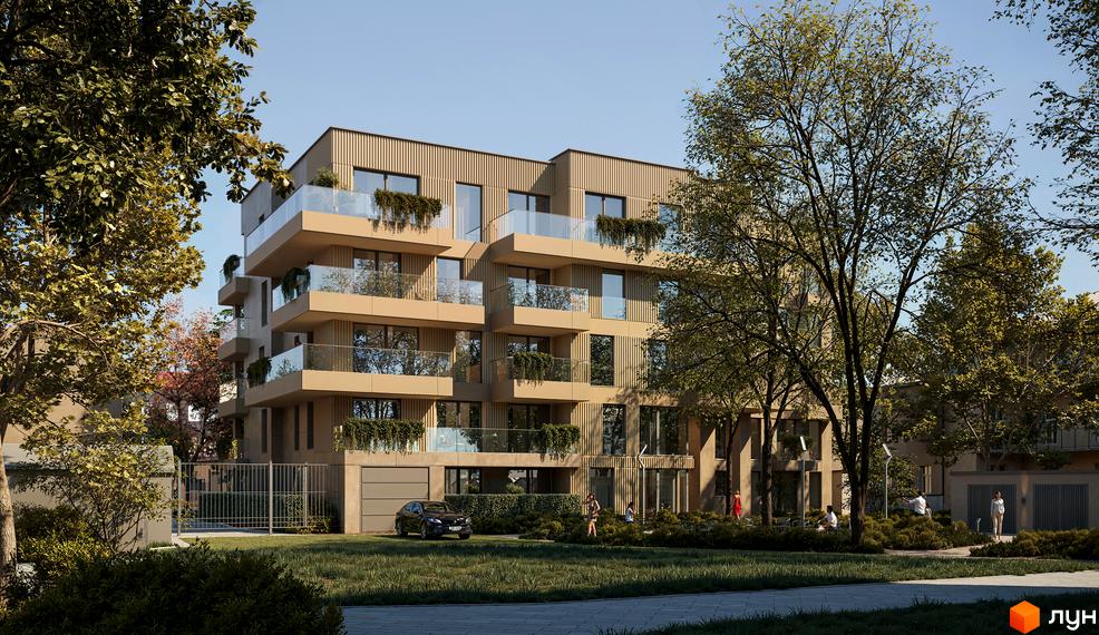 Bernard Gallery - житловий комплекс з балконами та скляними огорожами, оточений деревами та зеленою зоною. На території видно автомобіль та людей.