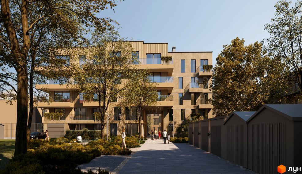 Bernard Gallery - житловий комплекс з балконами та зеленими зонами. На території розташовані дерева, кущі та доріжки для прогулянок.