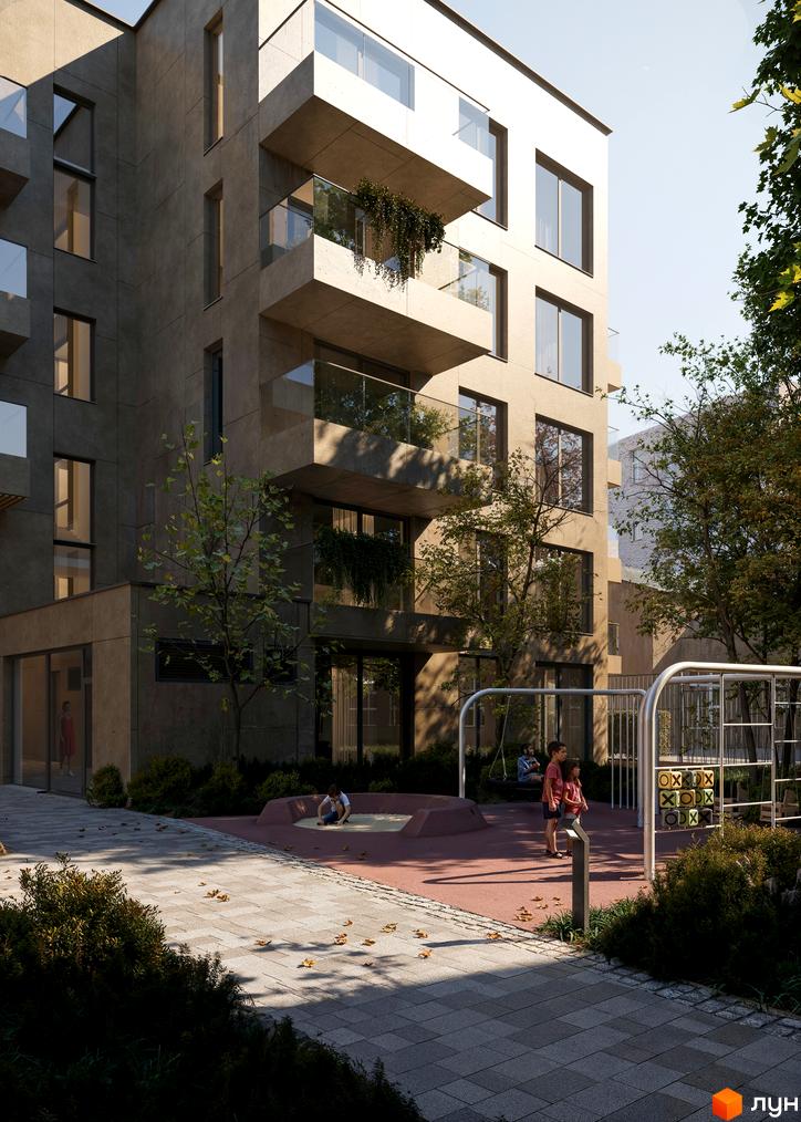 Bernard Gallery - новобудова з балконами та скляними огорожами, що виходить на дитячий майданчик з гойдалками та грою в хрестики-нулики.