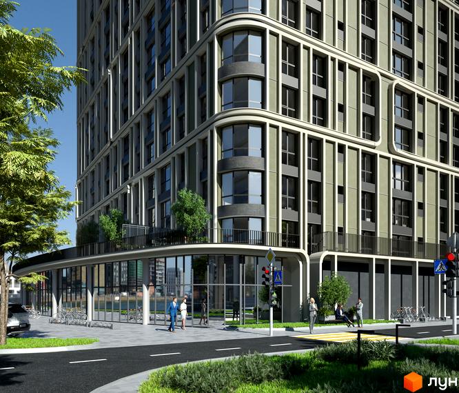 Житловий комплекс Акварелі: фасад будівлі з виступаючими елементами та скляним першим поверхом, зелена прибудинкова територія з пішохідними доріжками та зонами відпочинку.