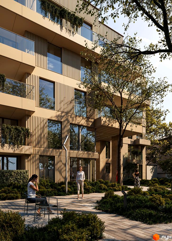 Bernard Gallery - новобудова з вертикальним декором фасаду та скляними балконами. На прибудинковій території зелені насадження та зона відпочинку.