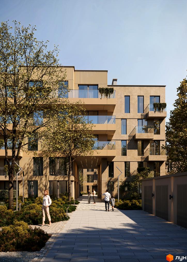 Bernard Gallery: фасади будівель з дерев'яними та кам'яними елементами, скляними балконами та зеленою прибудинковою територією. Люди прогулюються алеєю біля житлового комплексу.