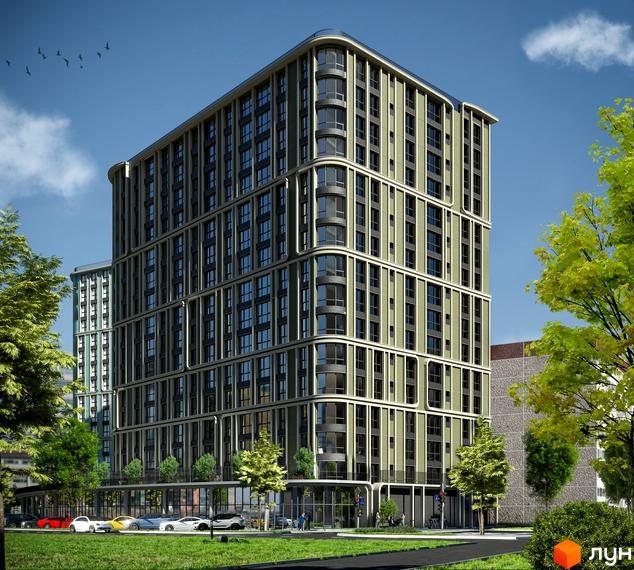 Зовнішній вигляд новобудови ЖК Акварелі з вигнутими фасадами та скляними балконами, зелена прибудинкова територія з деревами та припаркованими автомобілями.