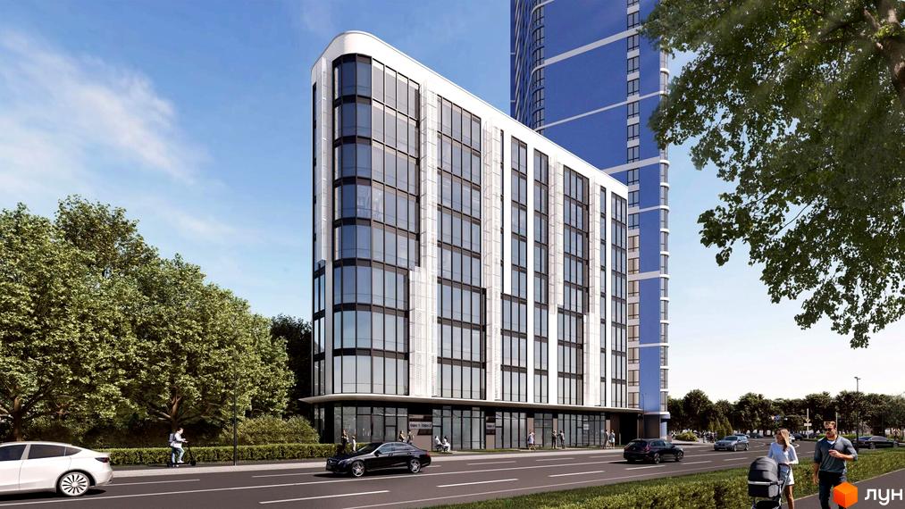 Житловий комплекс Канкріт: фасад будівлі з панорамними вікнами та прибудинкова територія з деревами та дорогою.