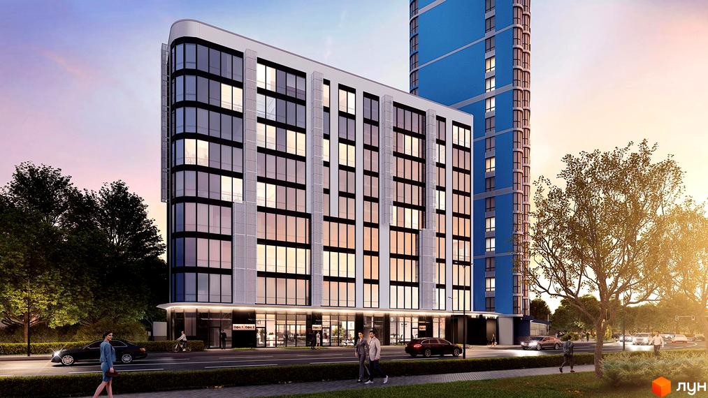 Зовнішній вигляд новобудови ЖК Канкріт з великими панорамними вікнами та прибудинковою територією з деревами та дорогою.