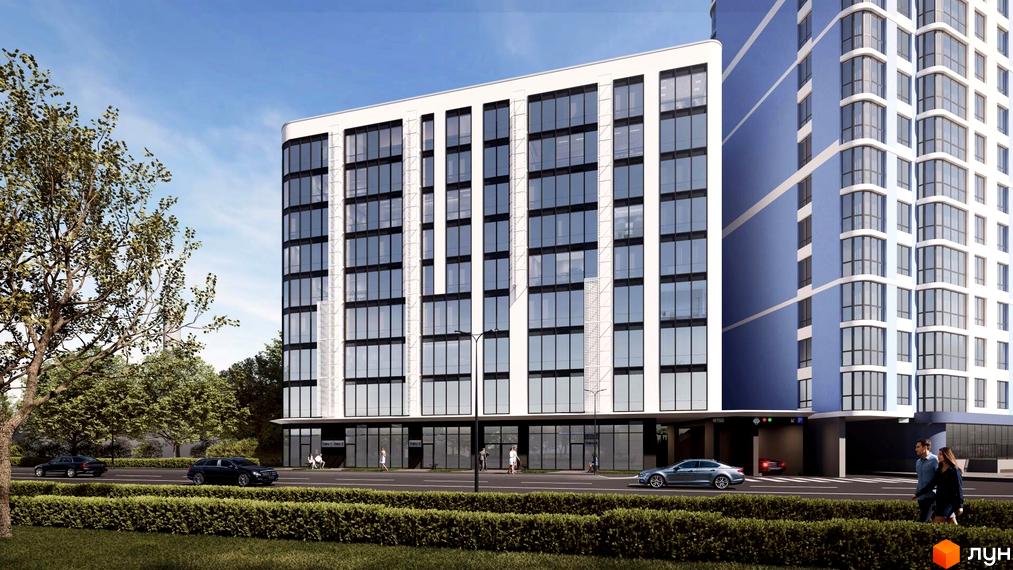 Житловий комплекс Канкріт – це сучасна новобудова з панорамними вікнами та синьо-білим фасадом, розташована біля дороги з автомобілями та зеленим парканом.