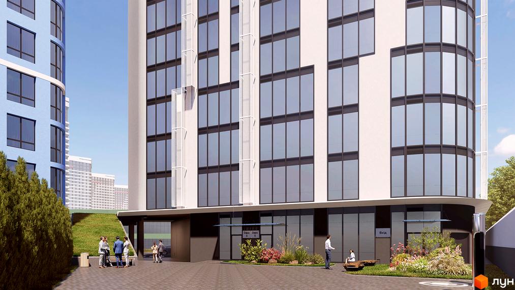 Зовнішній вигляд житлового комплексу Канкріт з великими вікнами та сучасною архітектурою. На прибудинковій території розташовані зелені насадження та місця для відпочинку.