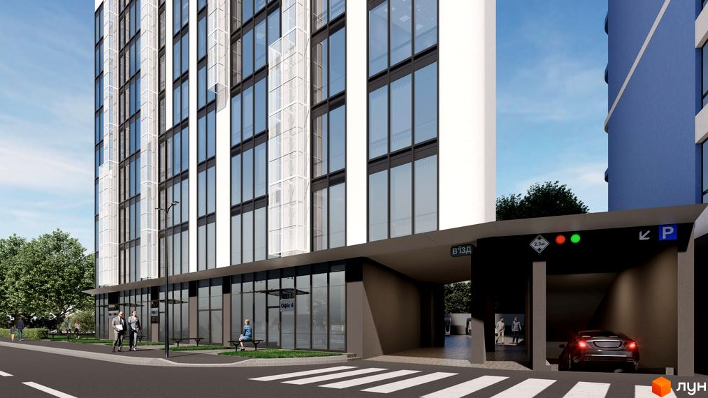 Зовнішній вигляд новобудови ЖК Канкріт з панорамними вікнами та в'їздами до паркінгу. Прибудинкова територія з пішохідним переходом та зеленими насадженнями.